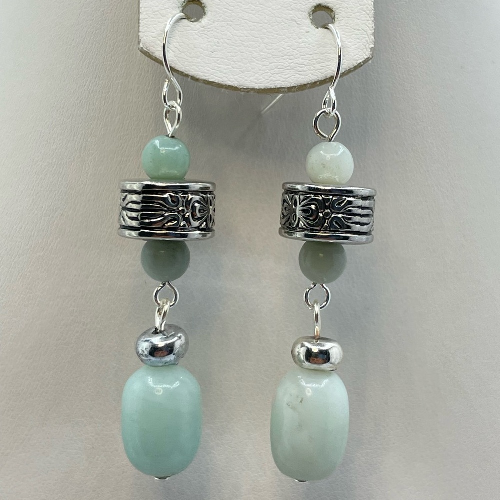 Blue Green Gemstone Dangle Earrings Silver Tone Beaded Drop Boho Statement